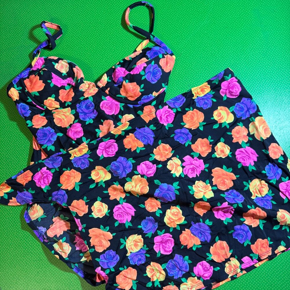 VICTORIA'S SECRET BLACK FLORAL ONE PIECE SWIMSUIT WITH SARONG